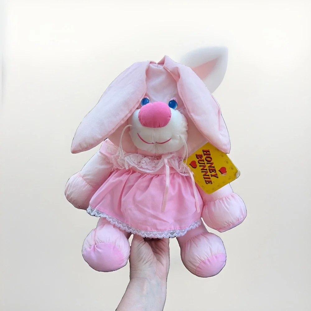 NWT Happy Mates Nylon Parachute Pink Bunny Rabbit plush Dress blue eyes Vintage